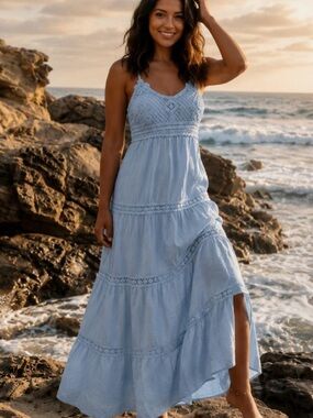La Diosa Light blue maxi dress with lace trim and tiered skirt